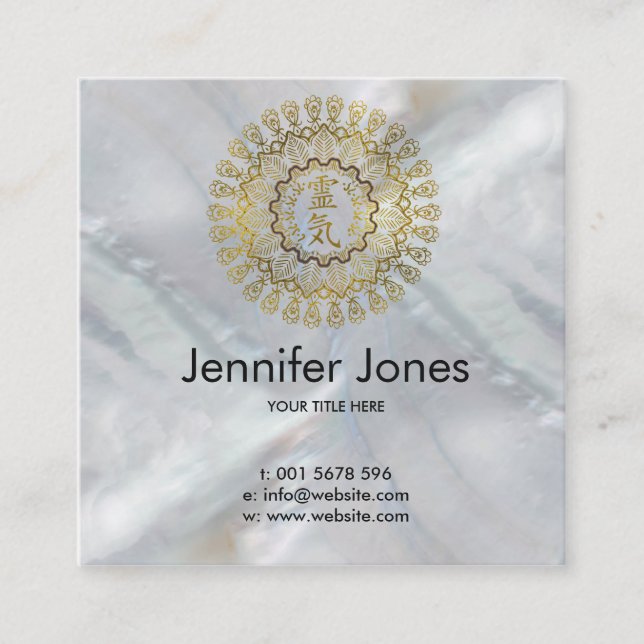 Reiki Healing Symbols in gold mandala Square Business Card (Front)
