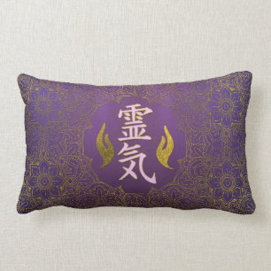 Reiki Healing Symbols with lotus on purple Lumbar Cushion