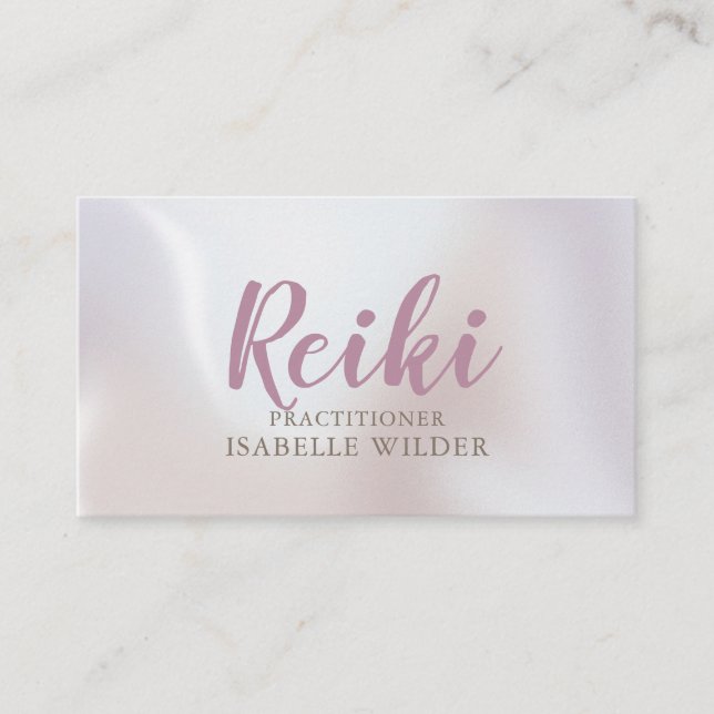 Reiki Practitioner Script Irisdescent Pearl Business Card (Front)