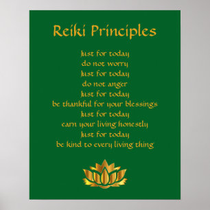 Reiki Principles Green and Gold Lotus Poster