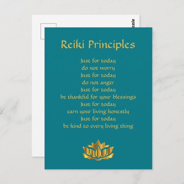 Reiki Principles Teal/Gold Lotus  Postcard (Front/Back)