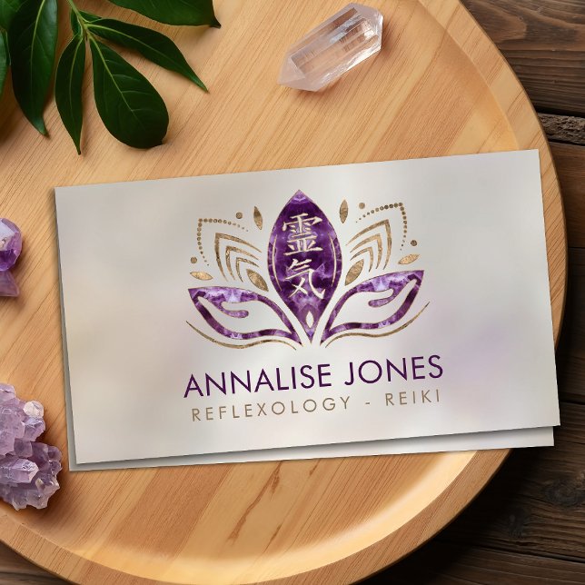 Reiki symbol and hands in Lotus Amethyst and Gold Business Card (Creator Uploaded)