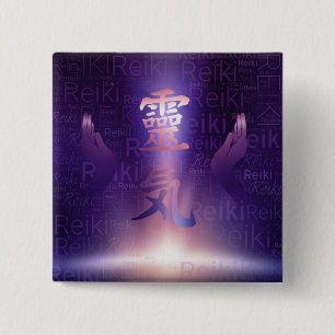 Reiki Symbols and healing hands on purple light 15 Cm Square Badge