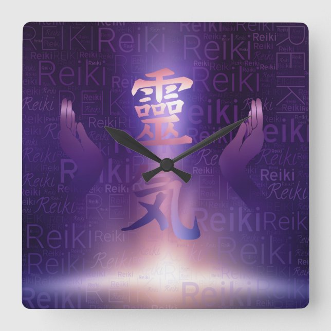 Reiki Symbols and healing hands on purple light Square Wall Clock (Front)