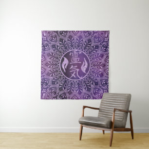Reiki Symbols and healing hands on purple light Tapestry