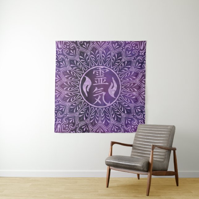 Reiki Symbols and healing hands on purple light Tapestry (In Situ)