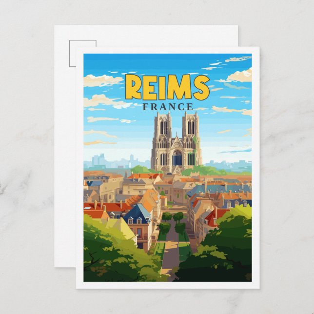 Reims France vintage travel illustration Postcard (Front/Back)
