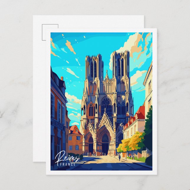 Reims France vintage travel illustration Postcard (Front/Back)