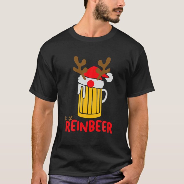 Reinbeer Santa Claus Reindeer Drinking Beer Funny T-Shirt (Front)