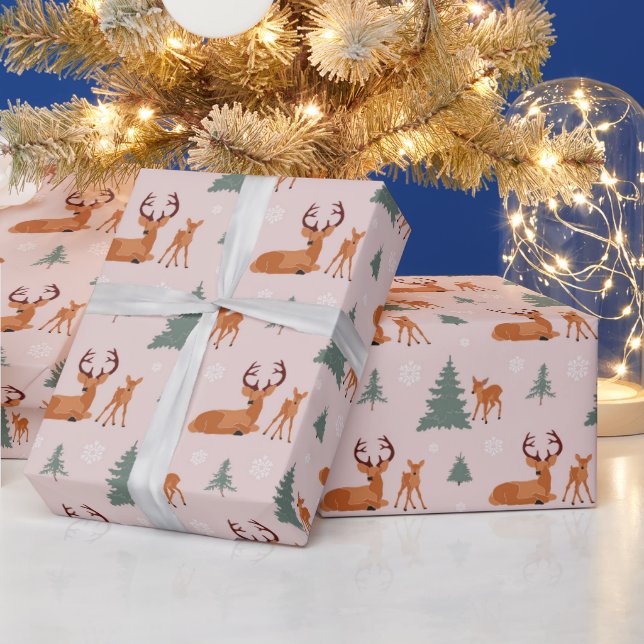 Reindeer and Christmas Trees Illustration Pattern Wrapping Paper (Holidays)