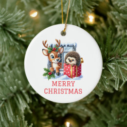 Reindeer and Hedgehog Christmas Ceramic Tree Decoration