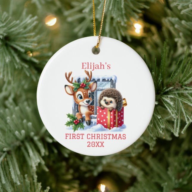 Reindeer and Hedgehog Christmas Ceramic Tree Decoration (Tree)