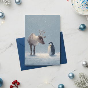 Reindeer and Penguin Christmas Holiday Card