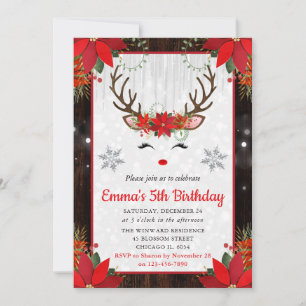 Reindeer and Poinsettia Christmas Birthday Invitation