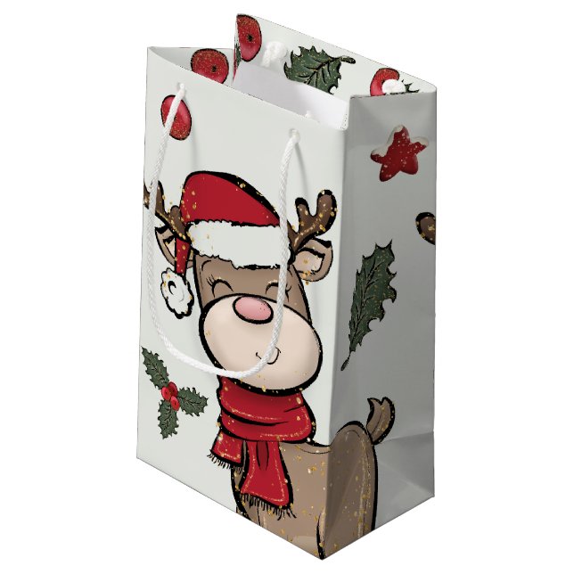 Reindeer and Red Berry Off-White Small Gift Bag (Back Angled)