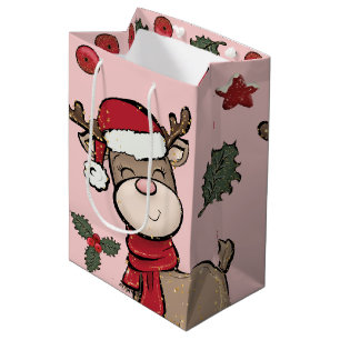 Reindeer and Red Berry Pastel Pink Medium Gift Bag