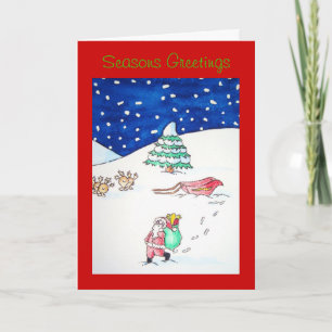 reindeer and santa delivering gifts for christmas holiday card