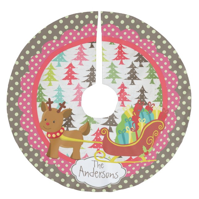 Reindeer and Sleigh Christmas Holiday Tree Skirt (Front)