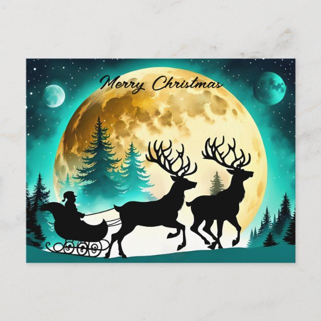 Reindeer and Sleigh full moon Holiday Postcard (Front)