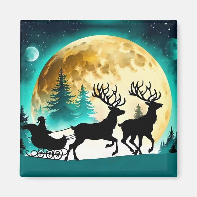 Reindeer and Sleigh full moon Magnet (Front)