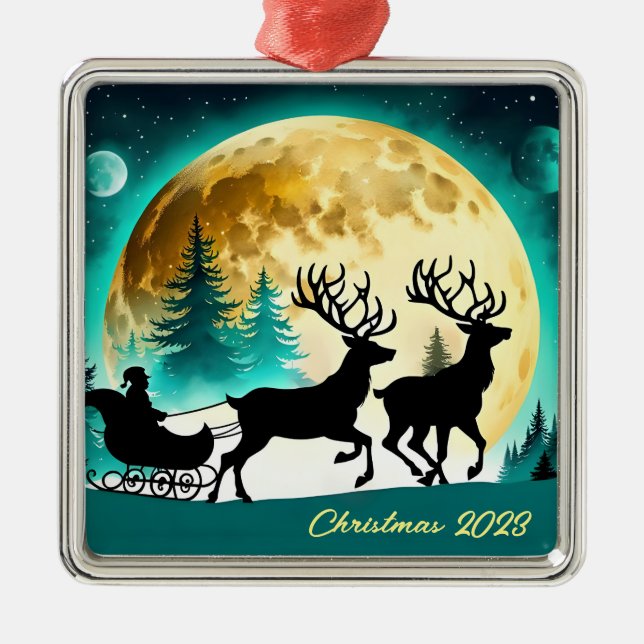 Reindeer and Sleigh full moon Metal Tree Decoration (Front)