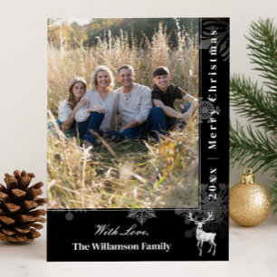 Reindeer and Snowflakes Holiday Photo Black Card