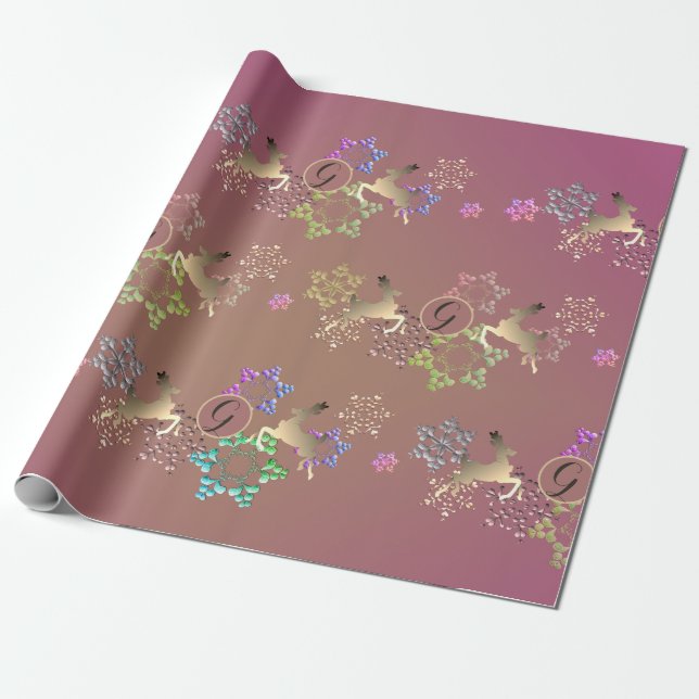 Reindeer and Snowflakes on Purple Moss Wrapping Paper (Unrolled)
