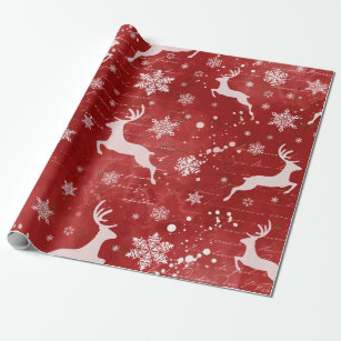 Reindeer and Snowflakes on Red Background Wrapping Paper