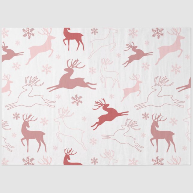 Reindeer and Snowflakes Pink Brown White Christmas Tissue Paper (Front)