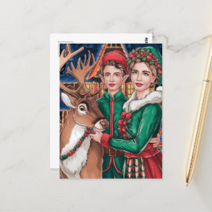 Reindeer and Two of Santa's Helpers Postcard