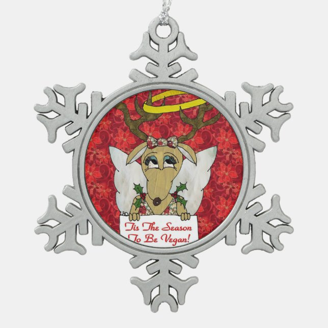 Reindeer Angel Tis The Season to Be Vegan Snowflake Pewter Christmas Ornament (Front)