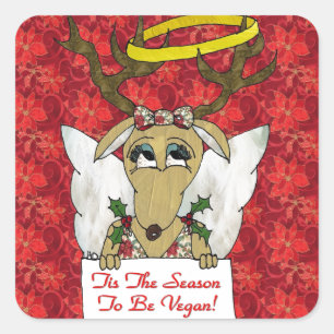 Reindeer Angel Tis The Season to Be Vegan Square Sticker