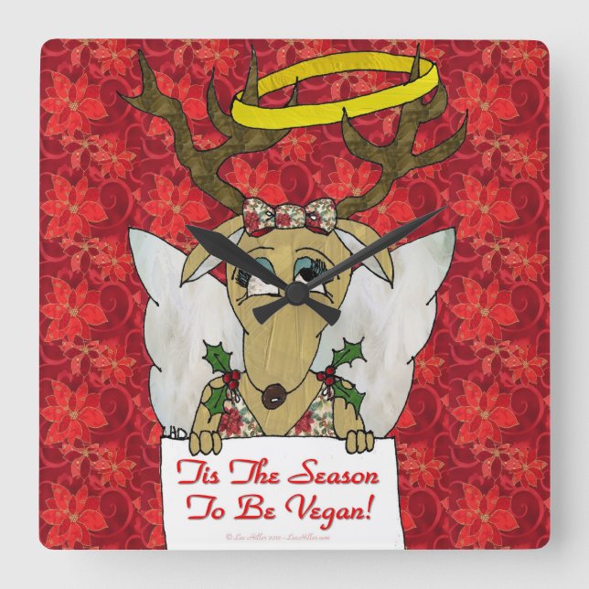 Reindeer Angel Tis The Season to Be Vegan Square Wall Clock (Front)