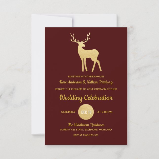 Reindeer Antler Faux Gold Foil | Elegant Wedding Invitation (Front)