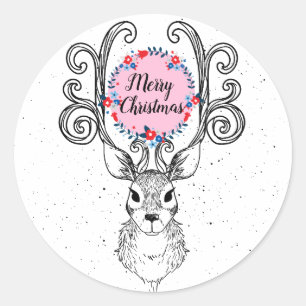 Reindeer Antlers And Floral Wreath Holiday Classic Round Sticker
