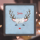 Reindeer Antlers and Roses with Name on Sky Blue Gift Box<br><div class="desc">Type the recipient's name in the Personalised section. This cute design includes reindeer antlers, pink ears, eyelashes, and button mouth, adorned with white roses for a festive and sweet holiday look. It's customised with the name of the recipient, or you can type a Christmas greeting instead, like "Merry Christmas" or...</div>