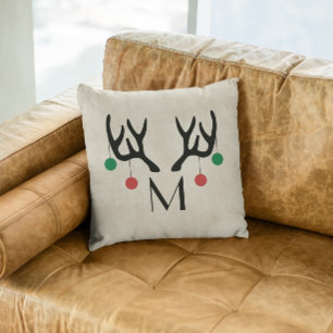 Reindeer Antlers Modern Christmas Monogram Cushion