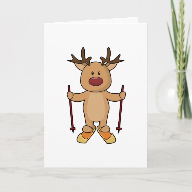 Reindeer as Skier with Skis & Ski poles Card (Front)