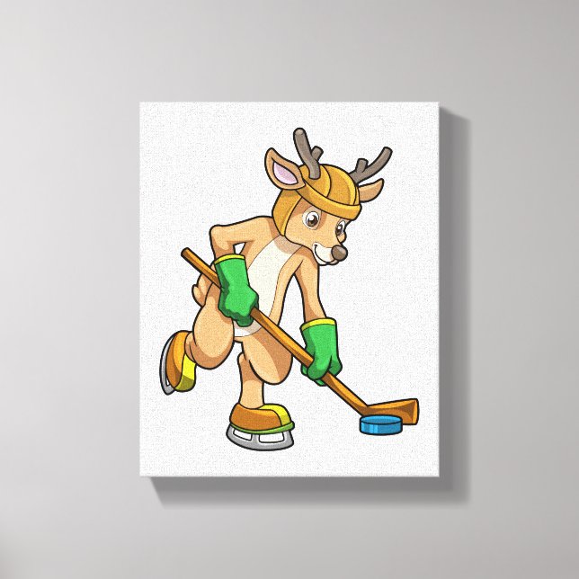 Reindeer at Ice hockey with Hockey stick Canvas Print (Front)