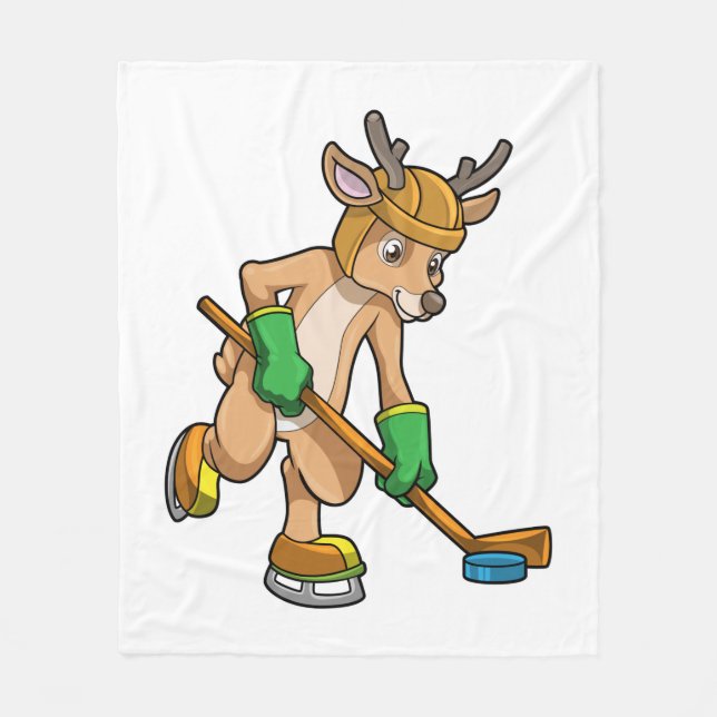 Reindeer at Ice hockey with Hockey stick Fleece Blanket (Front)