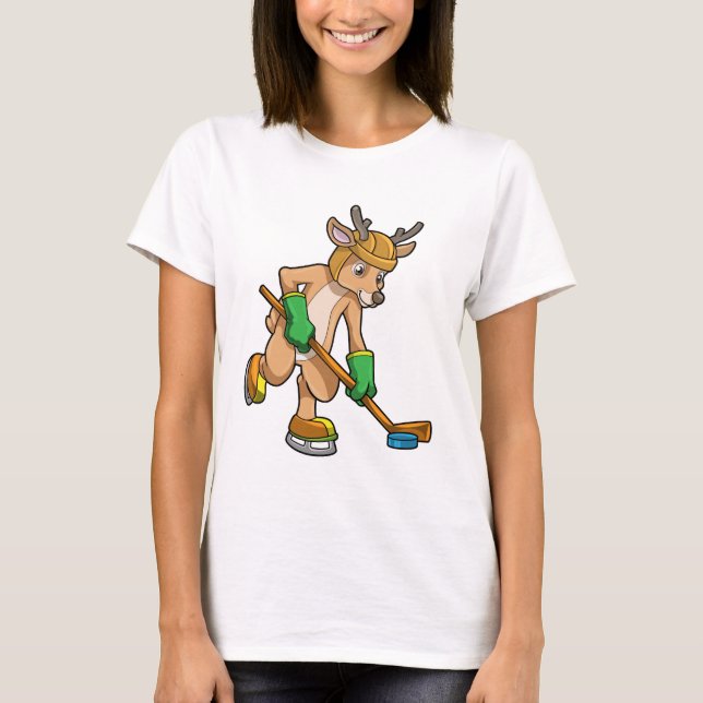 Reindeer at Ice hockey with Hockey stick T-Shirt (Front)