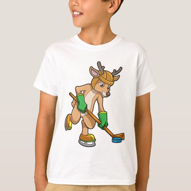 Reindeer at Ice hockey with Hockey stick T-Shirt (Front)