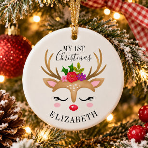 Reindeer Baby 1st Christmas Photo Ceramic Tree Decoration