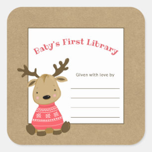 Reindeer baby's first library bookplate square sticker