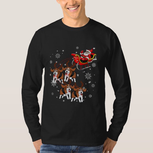 Reindeer Beagle Dog Pulling Santa Claus Sleigh T-Shirt (Front)