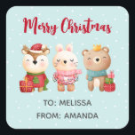 Reindeer, Bear & Rabbit Merry Christmas Square Sticker<br><div class="desc">Stickers with a cute illustration featuring a bunny,  a bear and a deer all dressed in festive gear. Adorable and whimsical.</div>