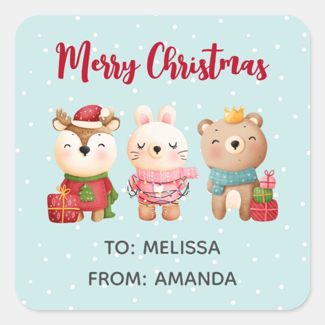 Reindeer, Bear & Rabbit Merry Christmas Square Sticker (Front)
