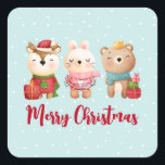 Reindeer, Bear & Rabbit Merry Christmas Square Sticker<br><div class="desc">Stickers with a cute illustration featuring a bunny,  a bear and a deer all dressed in festive gear. Adorable and whimsical.</div>