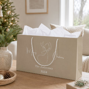 Reindeer beige doodle modern Christmas Large Gift Bag