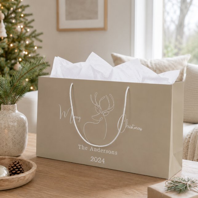 Reindeer beige doodle modern Christmas Large Gift Bag (Creator Uploaded)